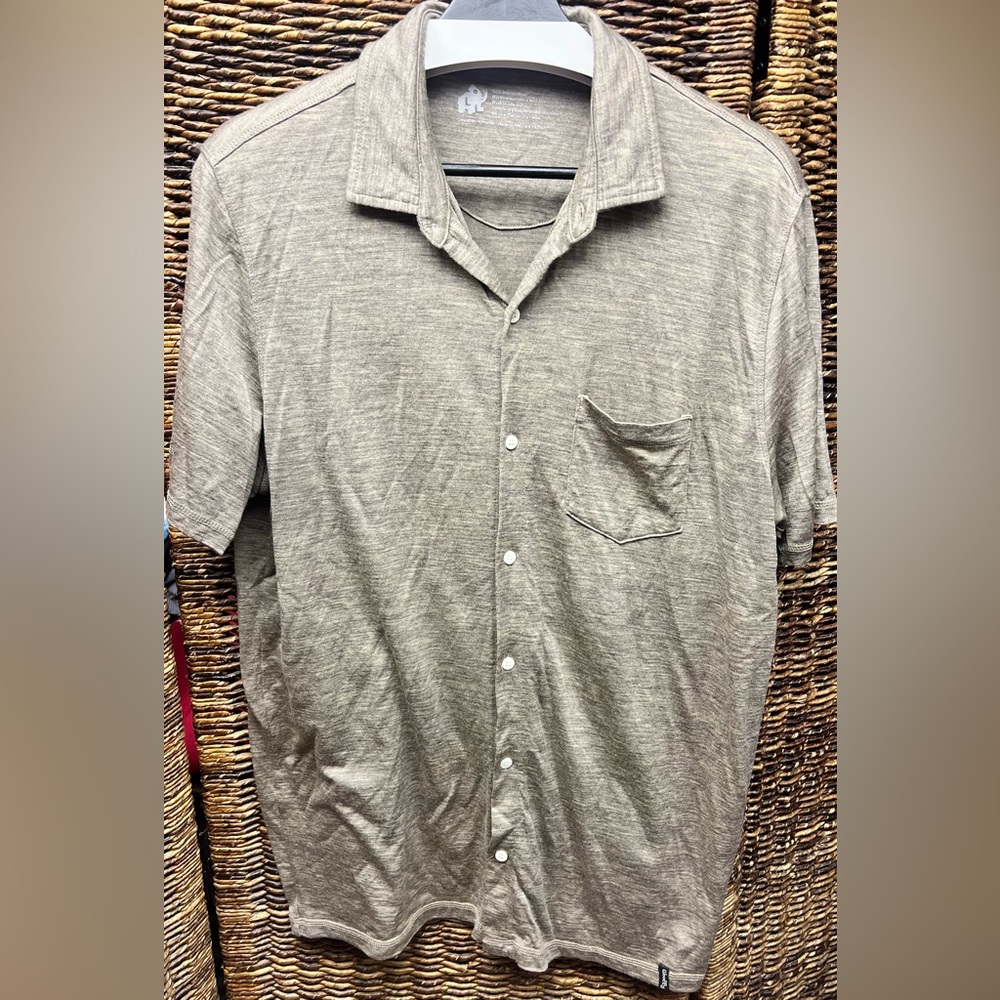 Woolly- Men's Tan Heather color Button‎ Down Shirt-Large,100% Merino Wool